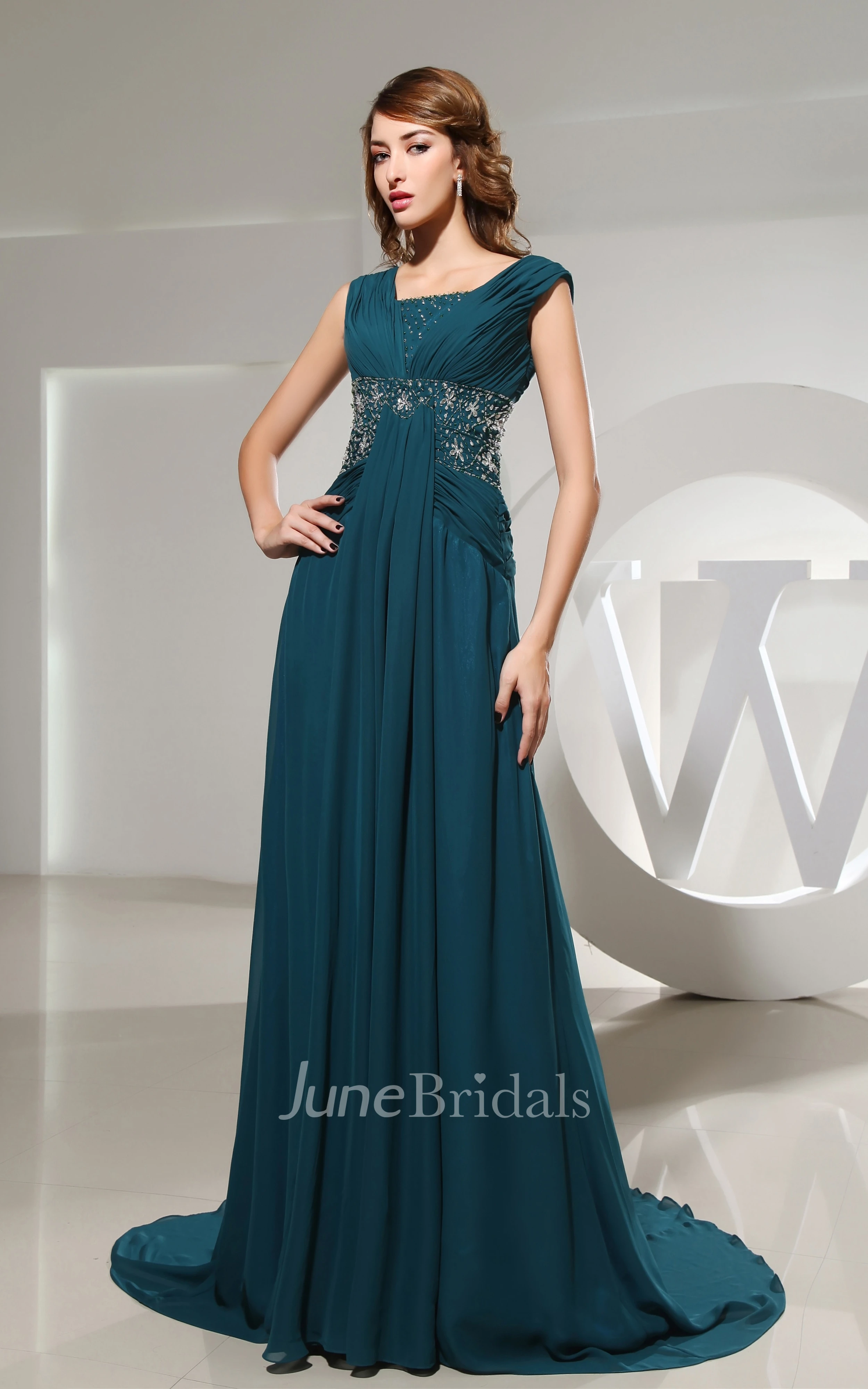Sleeveless Chiffon Square-Neck Dress With Beaded Waist