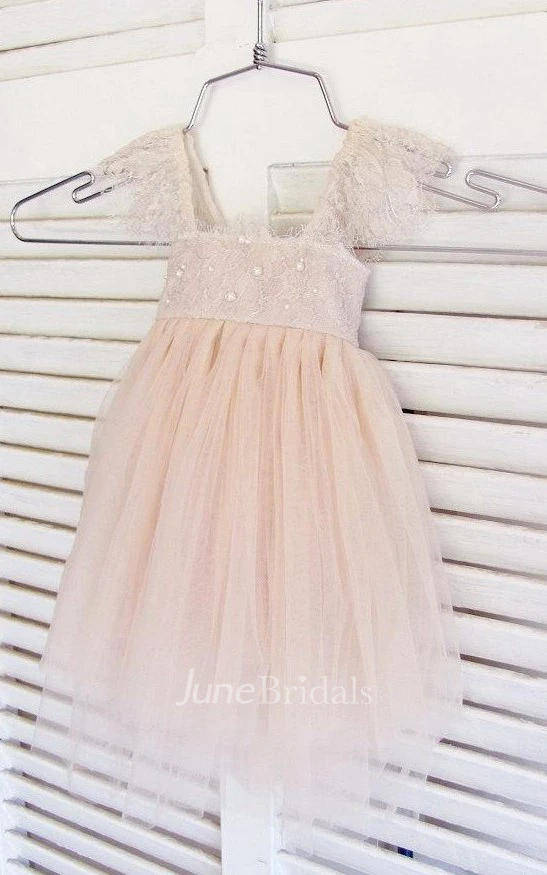 Tulle&Lace Dress With Cap Sleeve and Pleats