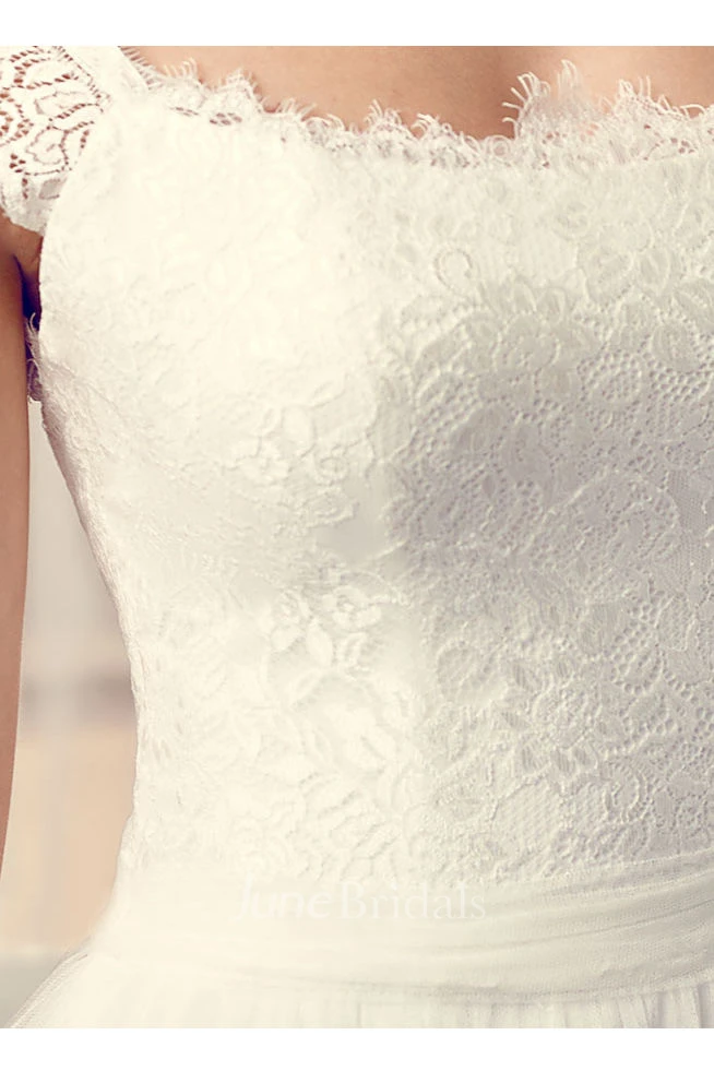 Long Square Cap-Sleeve Lace Chiffon Wedding Dress With V Back