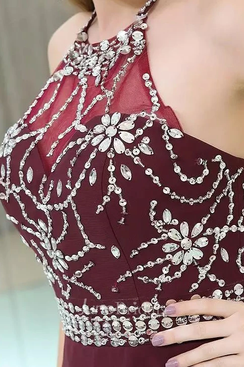 A-line Halter High Neck Sleeveless Beading Knee-length Chiffon Homecoming Dress