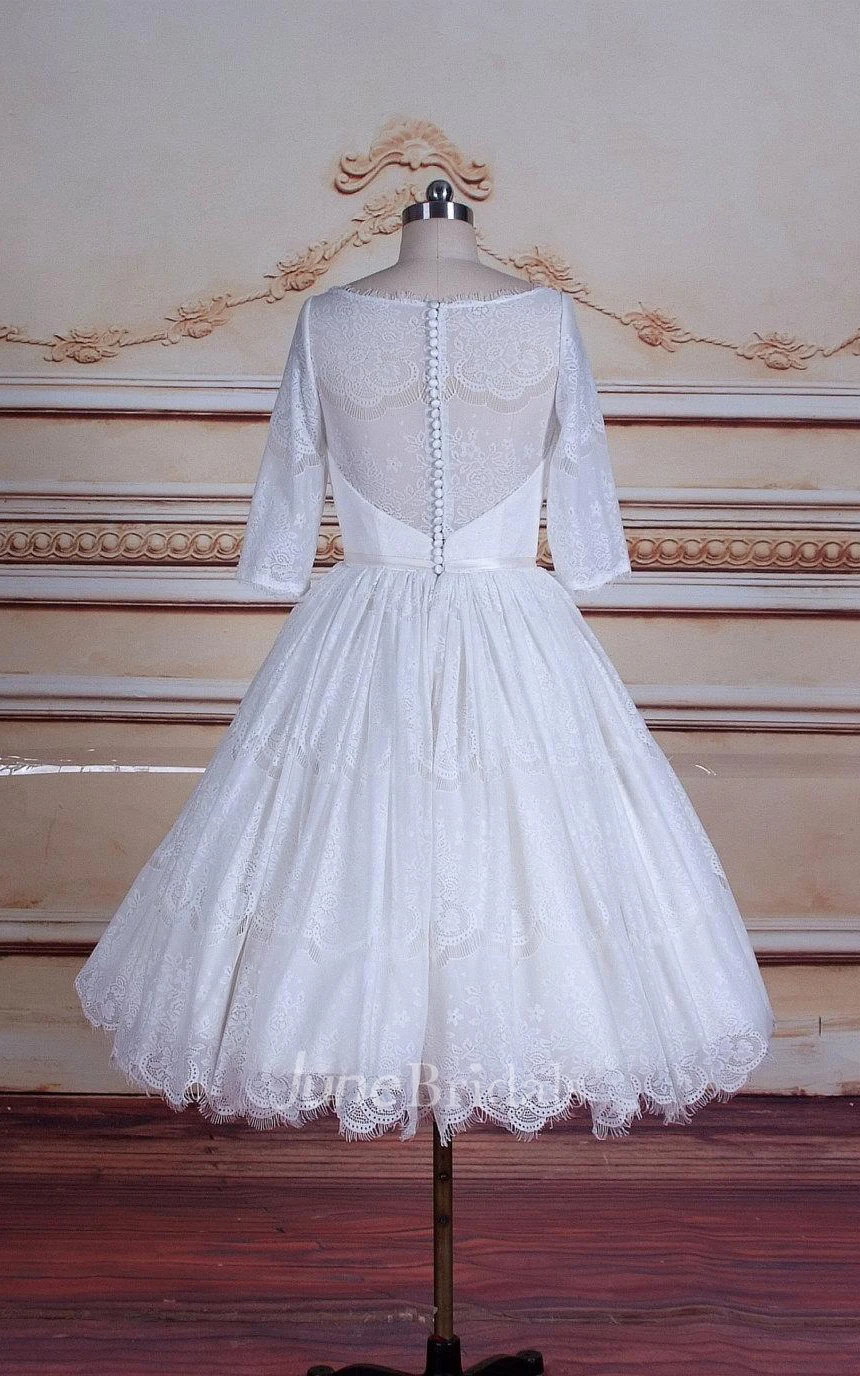 A-Line Tea-Length 3-4 Sleeve Tulle Lace Satin Dress With Button
