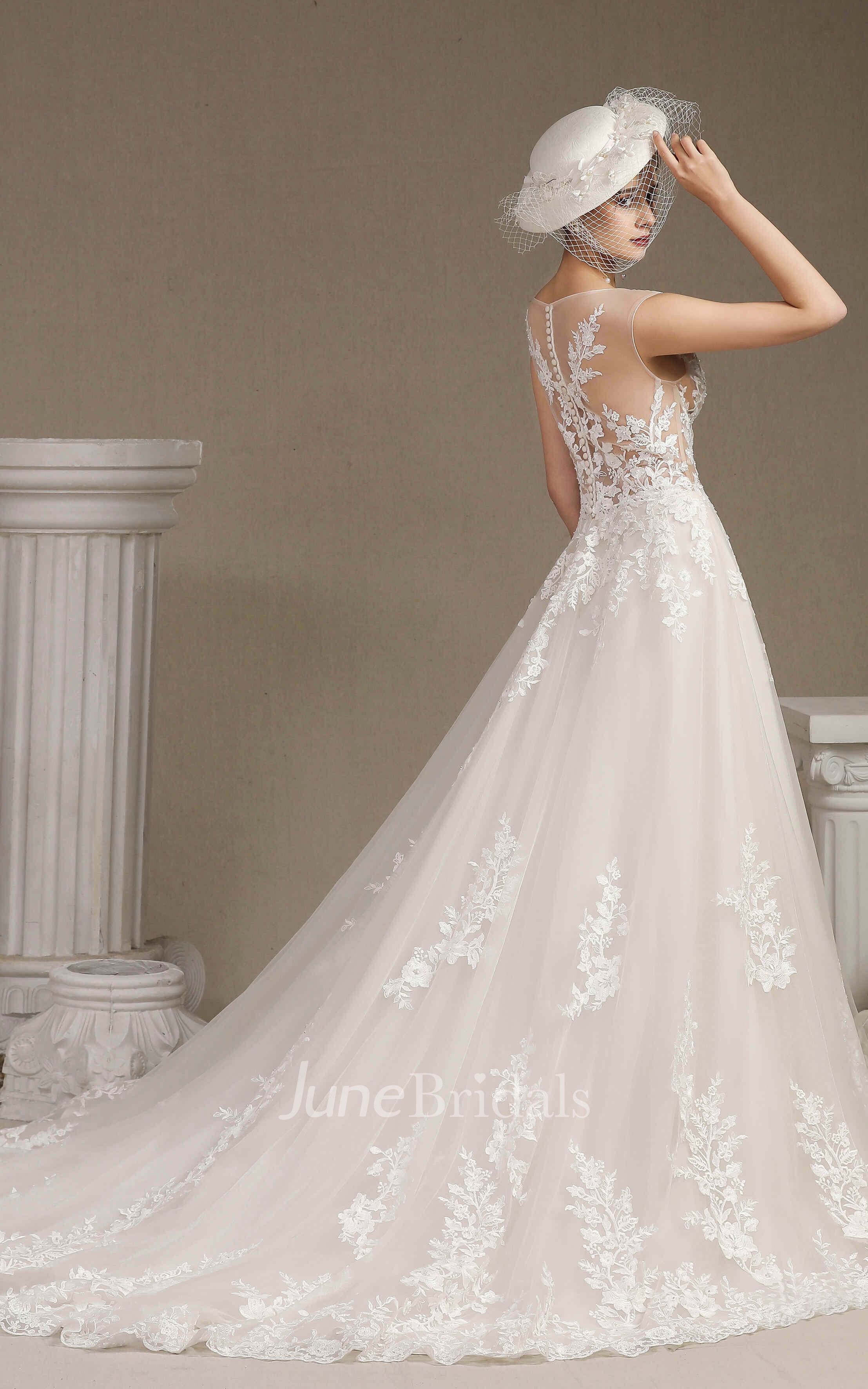 Illusion Top Cap Sleeve Lace Appliqued Ballgown Wedding Dress With Button  Back - June Bridals