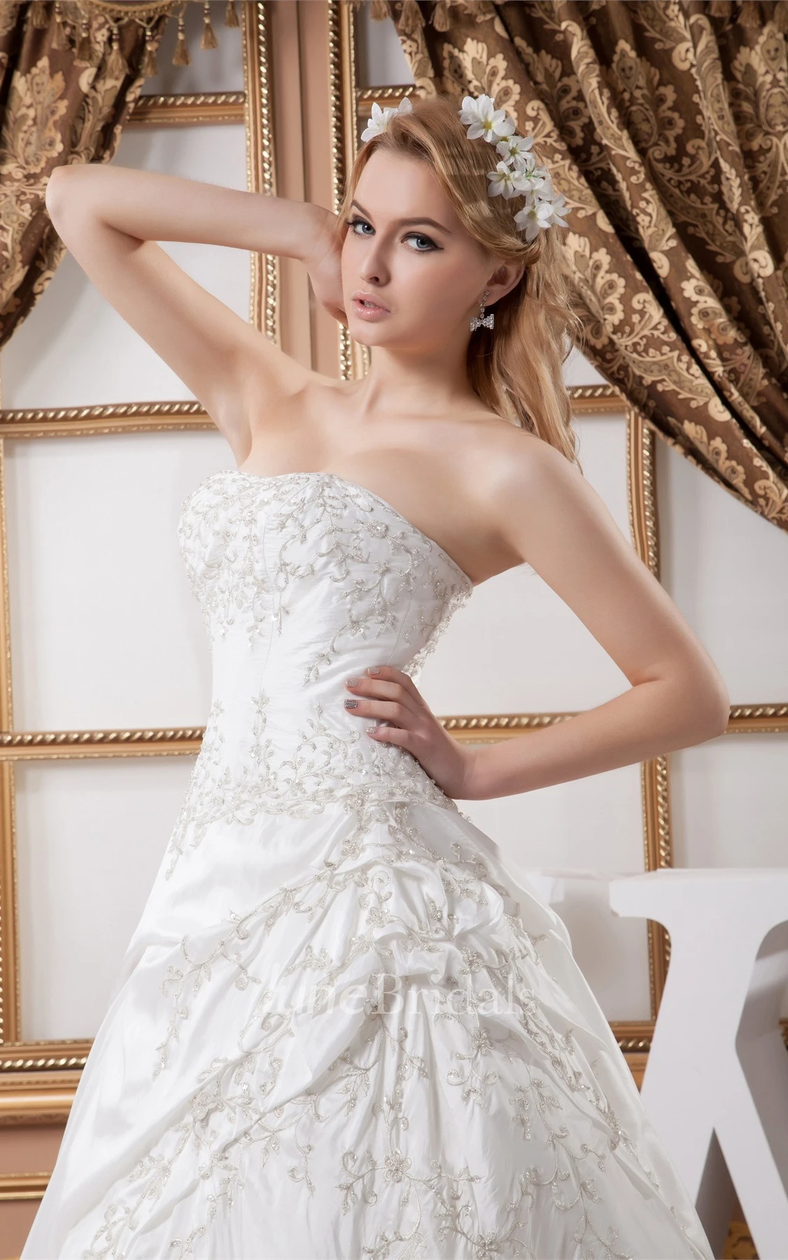 Strapless Embroidered Ball Gown with Ruching and Beading