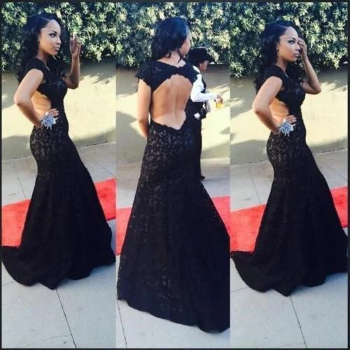 Modern Lace Black Mermaid Prom Dress Sweep Train Cap Sleeve