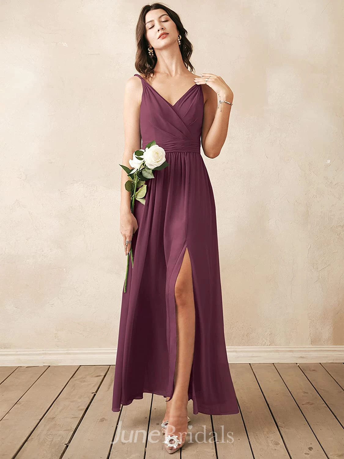 Modern A Line V-neck Chiffon Sleeveless Bridesmaid Dress with Split