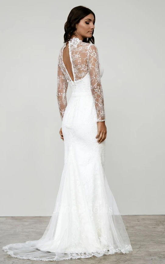 Modest Lace High Neck Mermaid Sheath Long Sleeve Wedding Dress with Keyhole