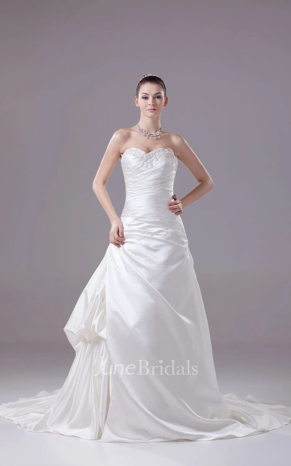 Sweetheart Ruched Satin Dress With Beading and Pick Up