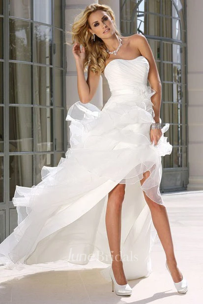Strapless Asymmetrical Ruffled Satin Wedding Dress With Ruching