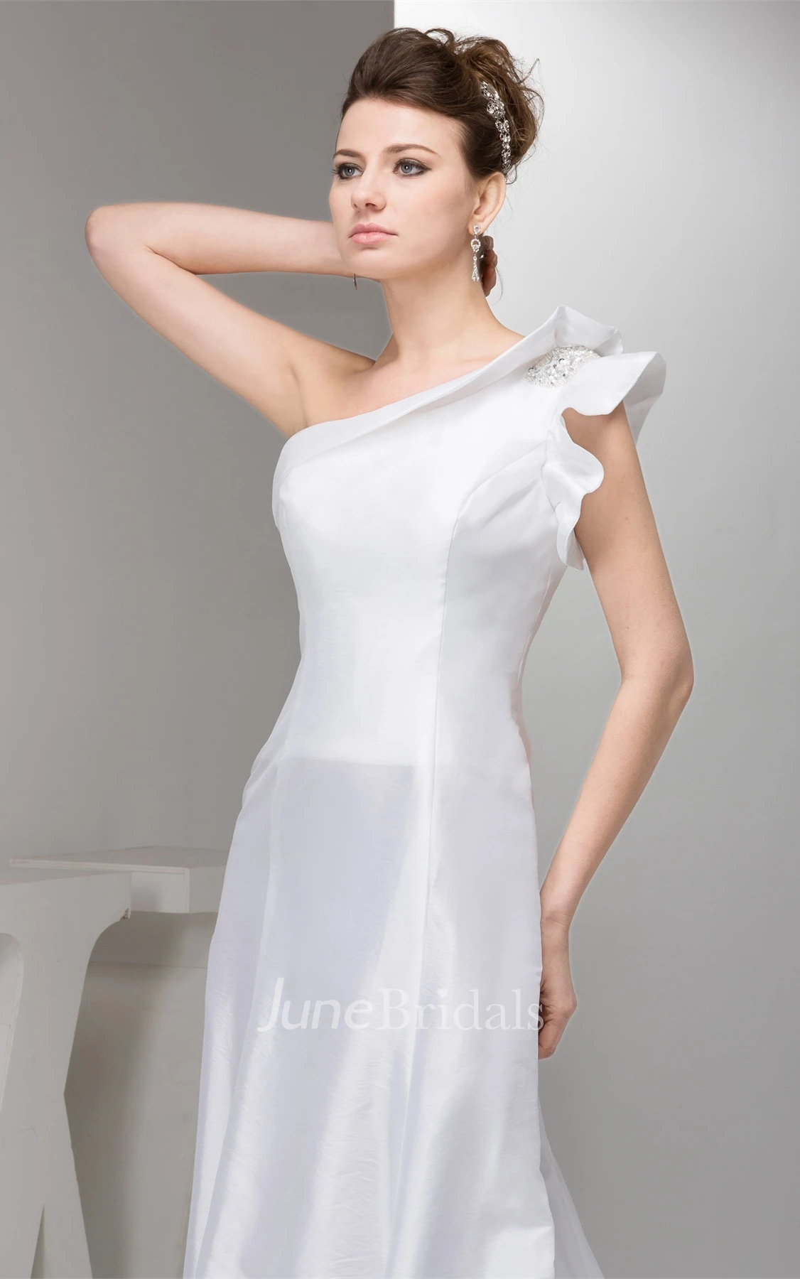 One-Shoulder Satin A-Line Gown with Beaded Epaulet