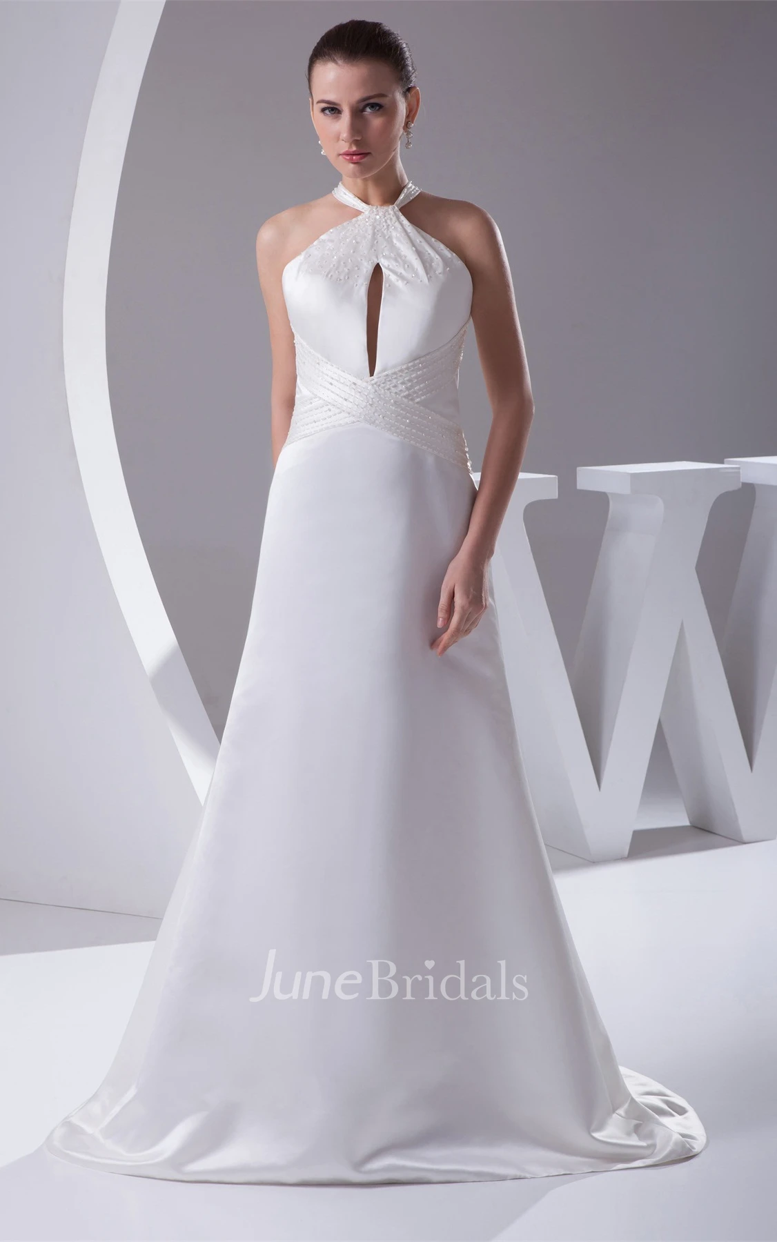 Sleeveless Satin A-Line Beaded Dress with Halter and Keyhole