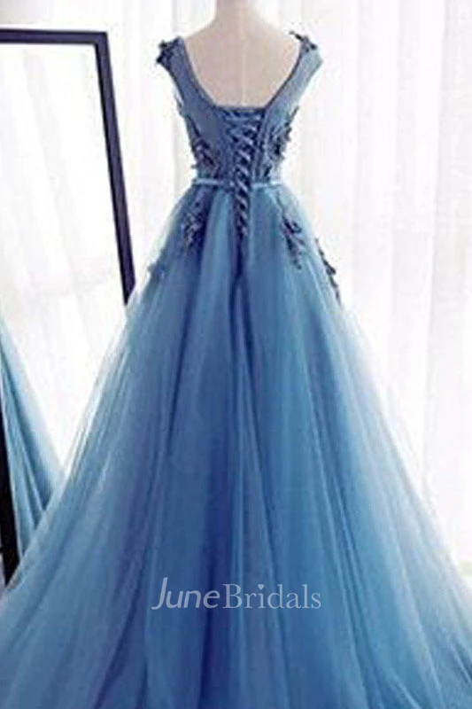 A-line Sleeveless Jewel Floor Length Applique Tulle Dress