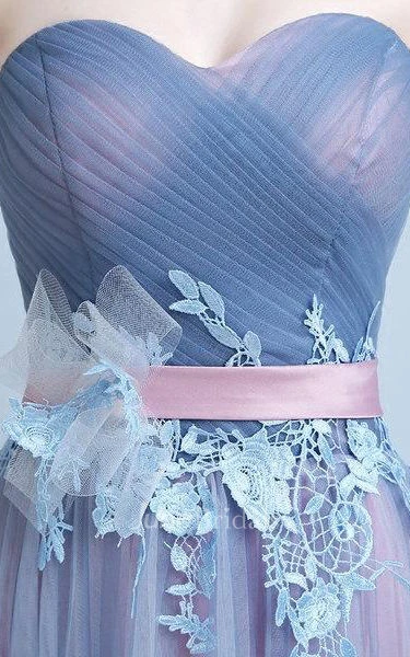 Blue Vintage Tulle Lace-up Dress with Flower