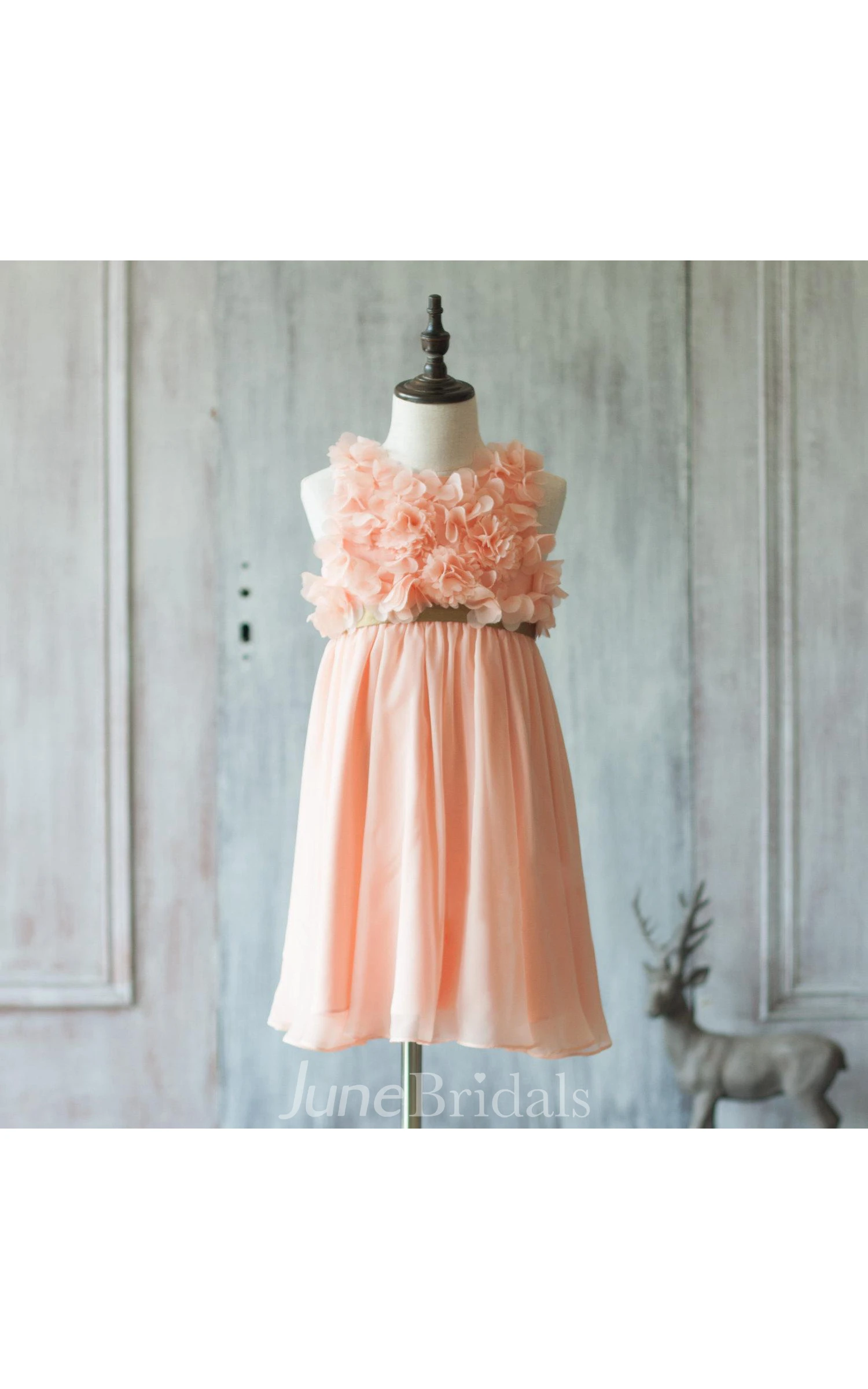 Peach Empire Waist Pleated A-line Chiffon Rosette Dress With Gold Belt