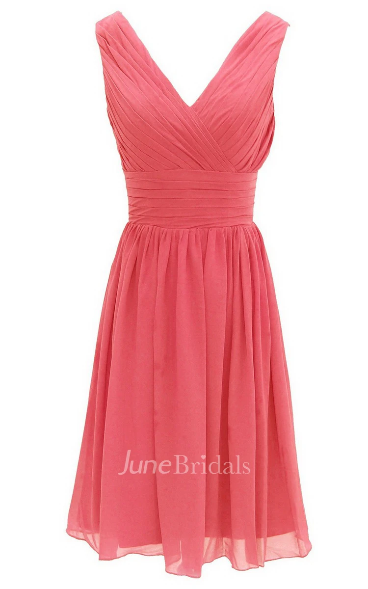 V-neck Pleated A-line Short Dress With Ruched Band