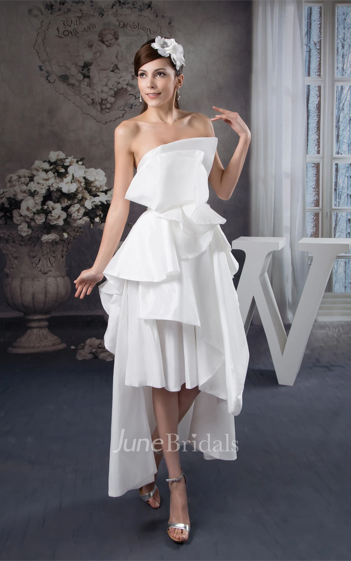 Strapless High-Low Satin Gown with Draped Design