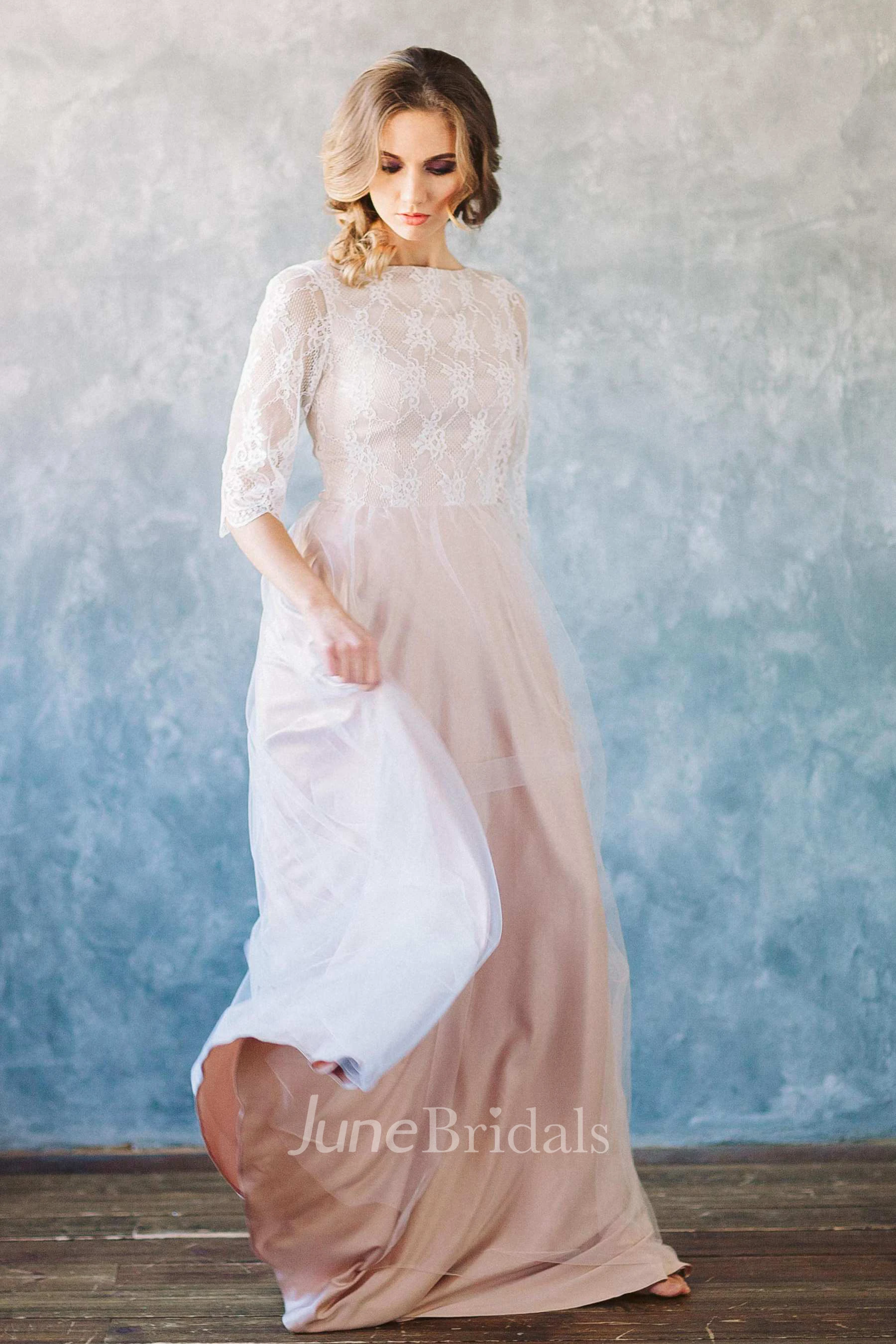 Bateau Half Sleeve Tulle Long Dress With Lace Top