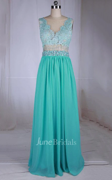 Floor-length Bateau-neck Chiffon Dress With Lace Bodice And Beading