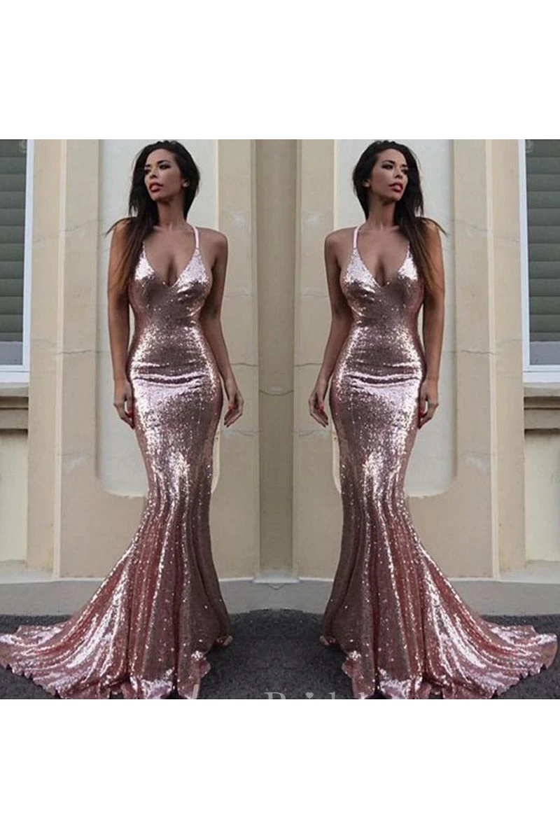 Sexy Backless Rose Gold Sequin Mermaid Evening Prom Dress