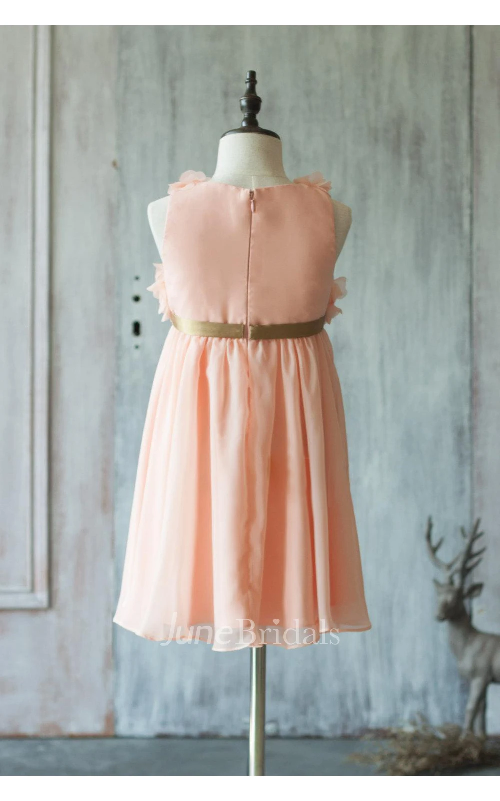 Peach Empire Waist Pleated A-line Chiffon Rosette Dress With Gold Belt