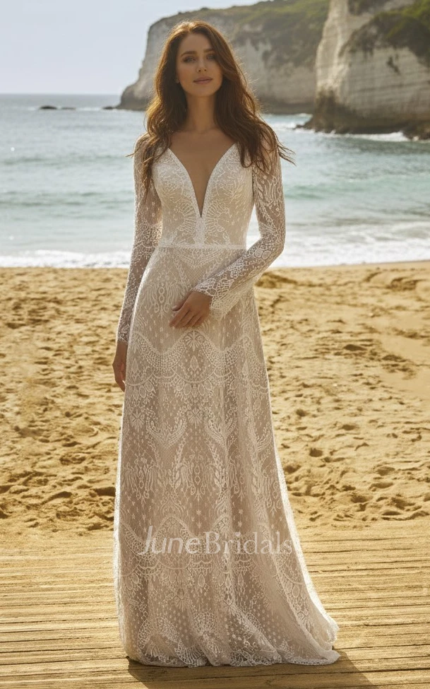 Bohemian Lace Beach Long Sleeve Wedding Dress Elegant A-Line Deep V Neckline Bridal Gown