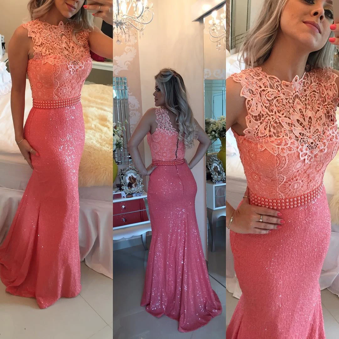 Timeless Sleeveless Lace Pearls Prom Dresses Mermaid Long Zipper Back