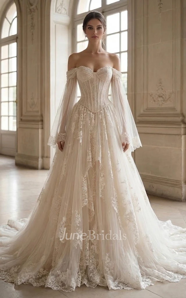 Victorian Off-the-Shoulder Lace Wedding Dress Tulle Ethereal Princess Gown with Corset Bodice