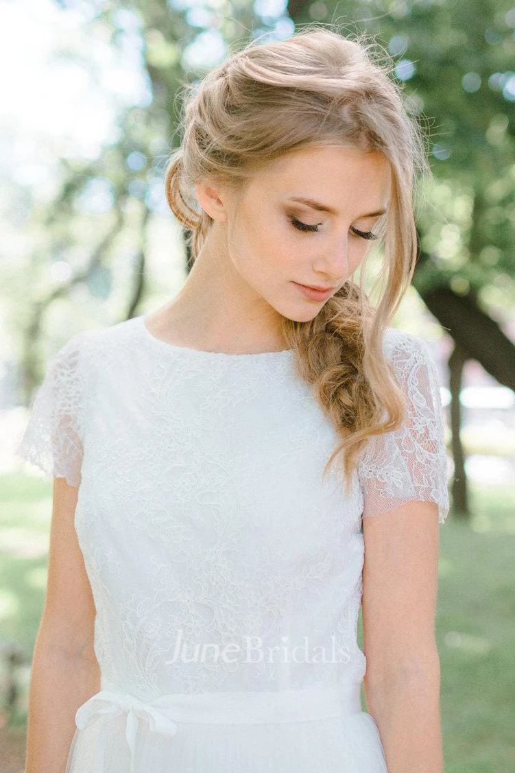 A-Line Floor-Length Tulle Lace Satin Dress With Flower