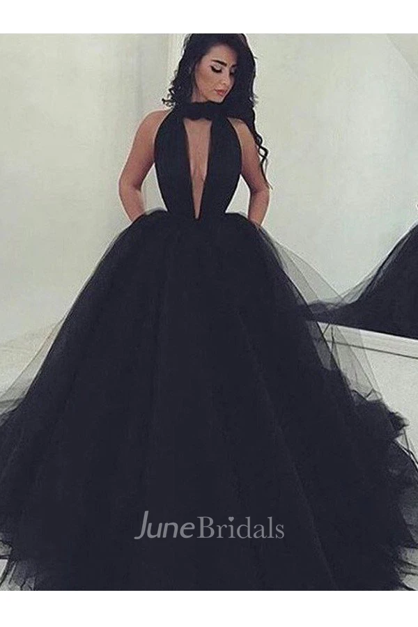 Ball Gown V-neck Sleeveless Floor Length Tulle Dress