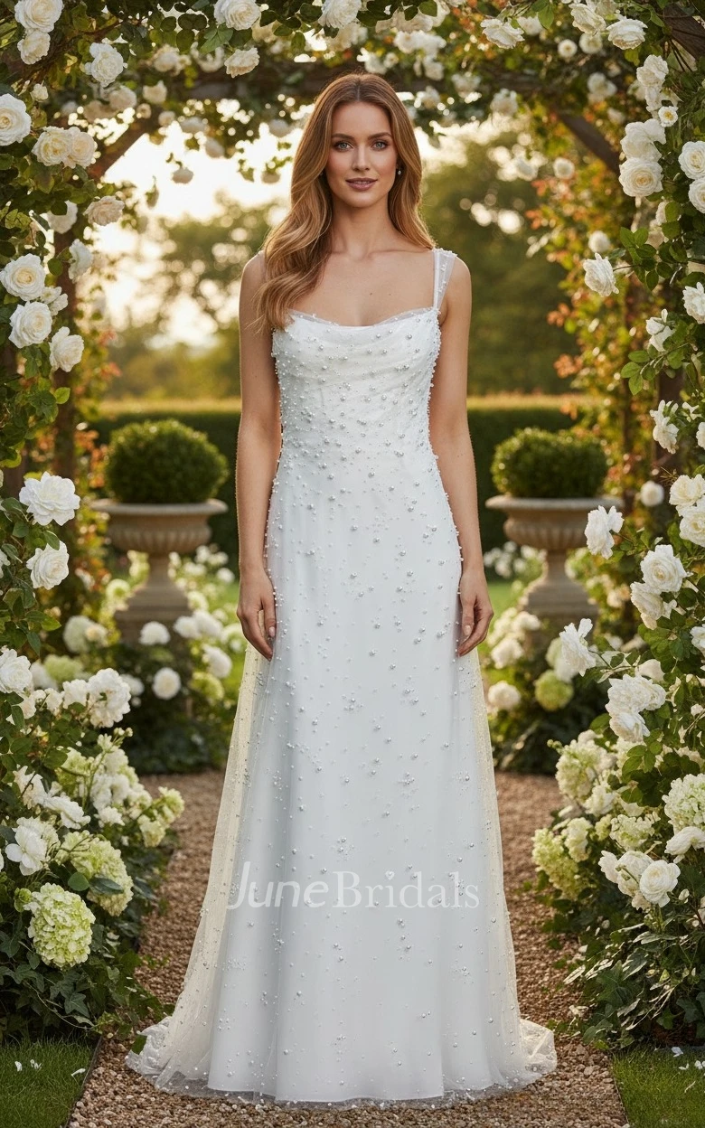 Modern Elopement Cowl Neck Sleeveless Wedding Dress Elegant Sheath Pearl Tulle Bridal Gown