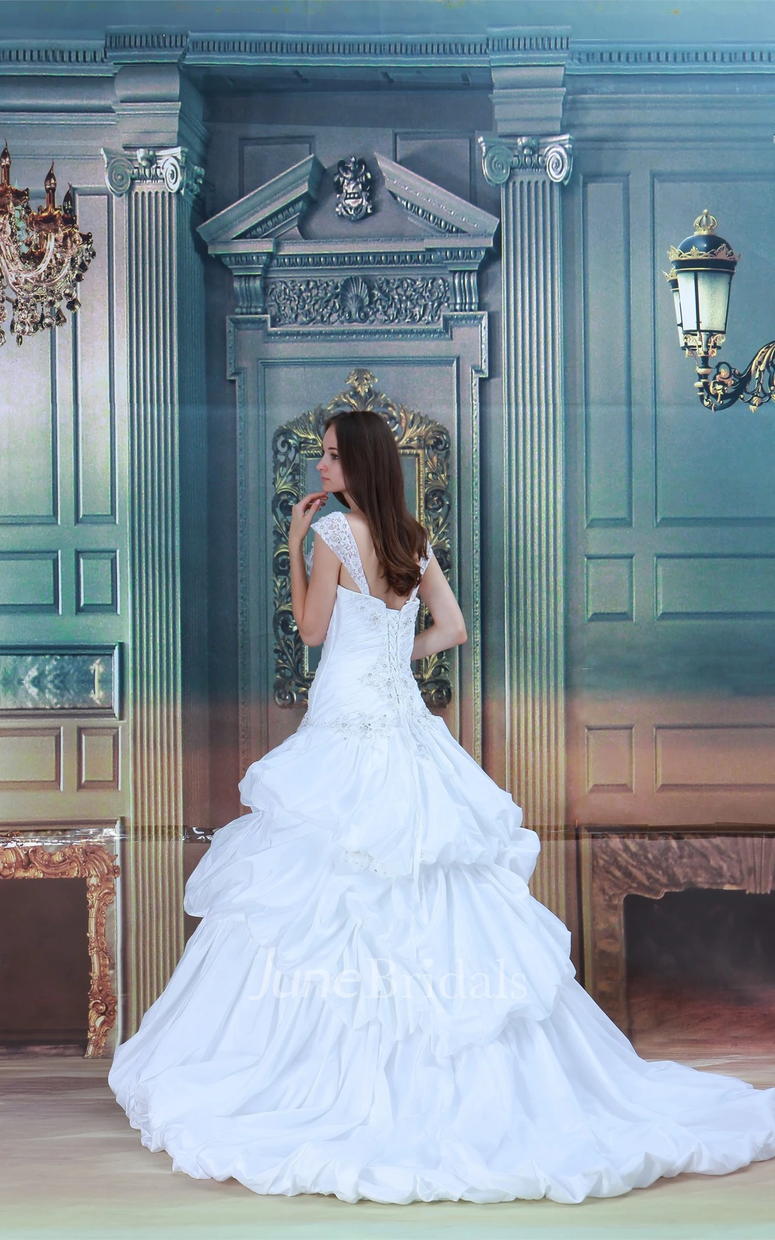 lace pick-up ball a-line strapped gown with pick-up design and beading