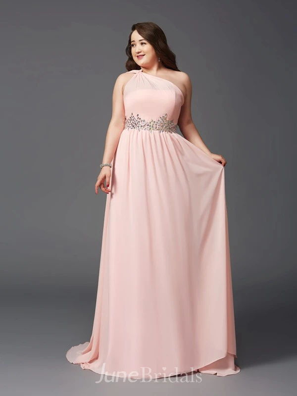 Sheath Floor-length One-shoulder Sleeveless Chiffon Waist Jewellery Pleats Straps Dress