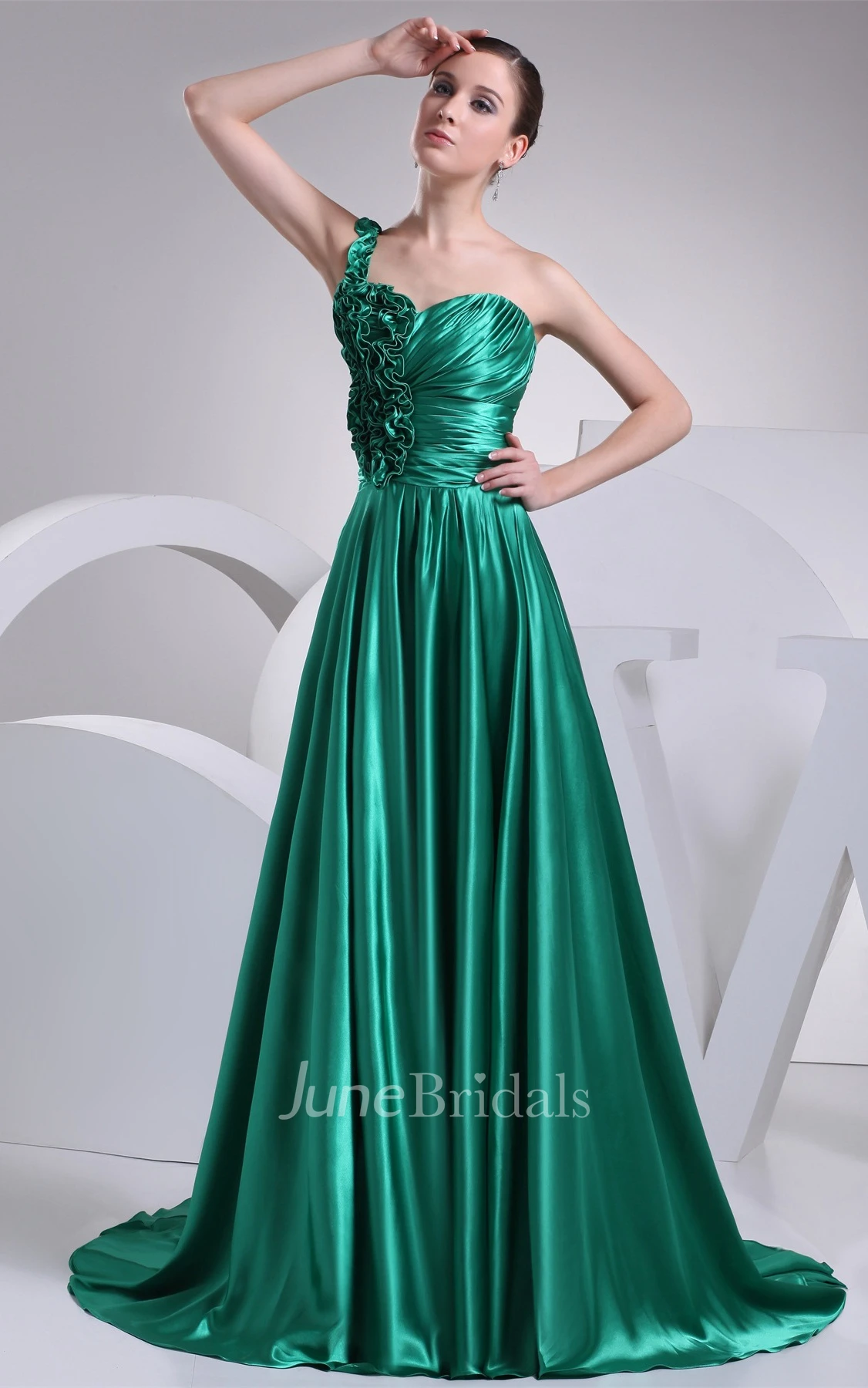 Sleeveless Ruffled A-Line Gown with Pleats and Sweep Train