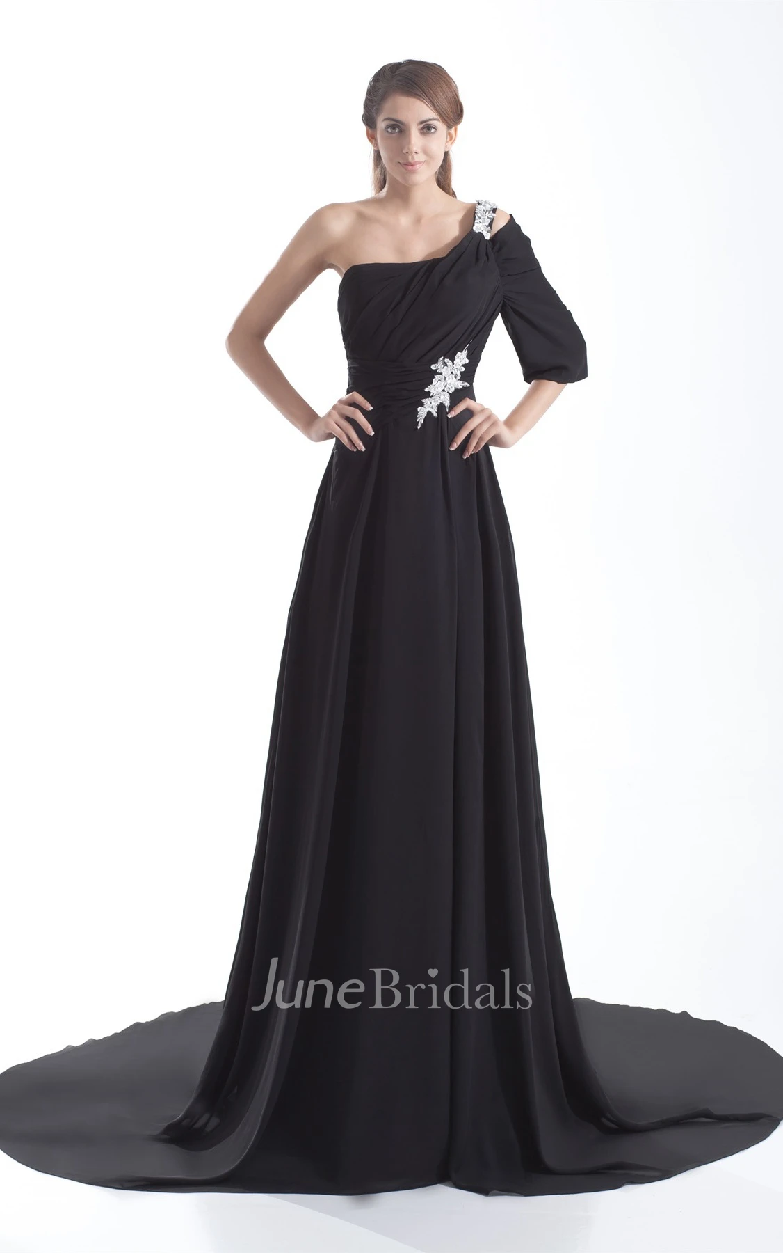 chiffon floor-length pleated dress with one-sleeve design and appliques
