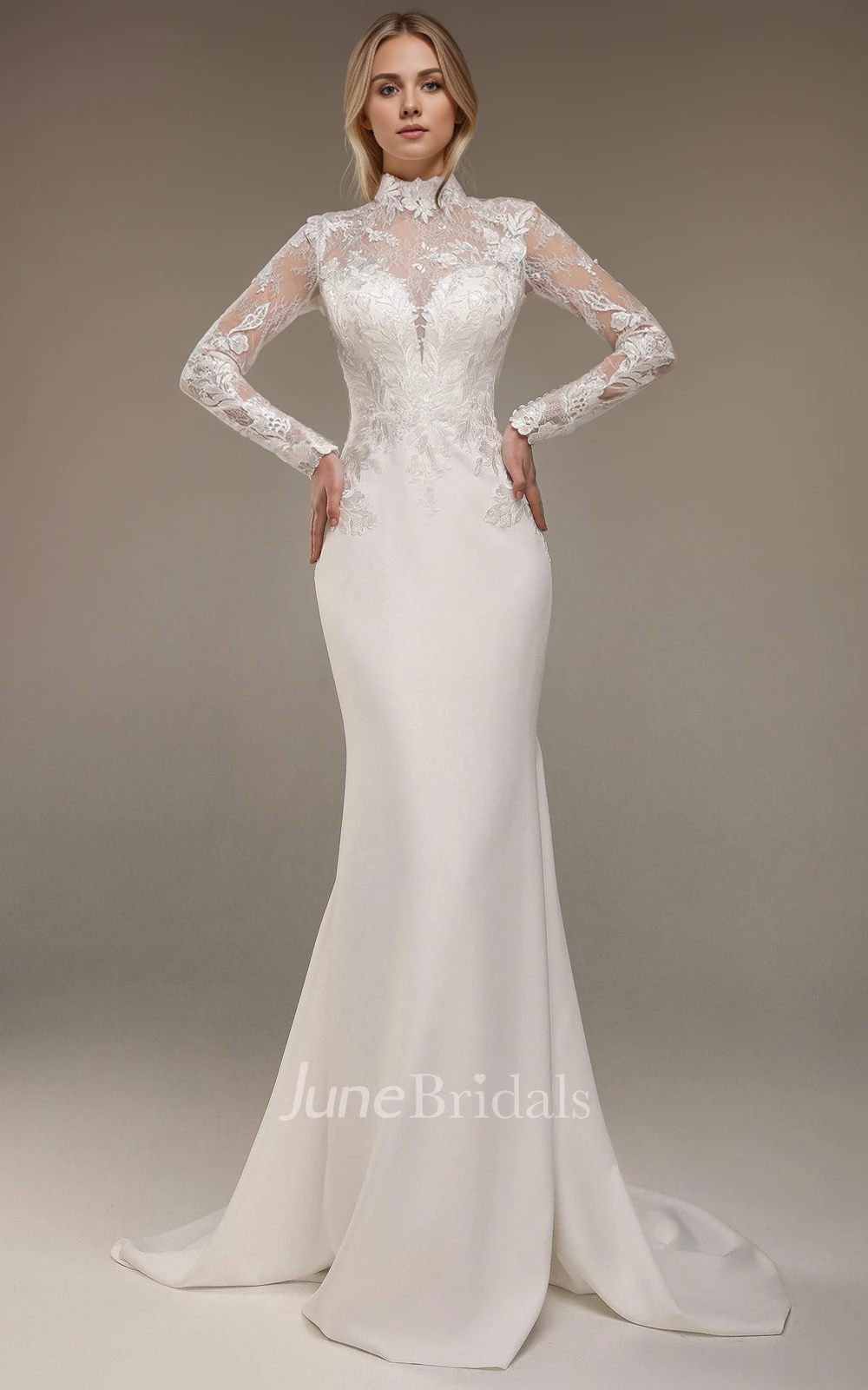 Modest Lace High Neck Long Sleeve Wedding Dress Fitted Mermaid Vintage Princess Bridal Gown