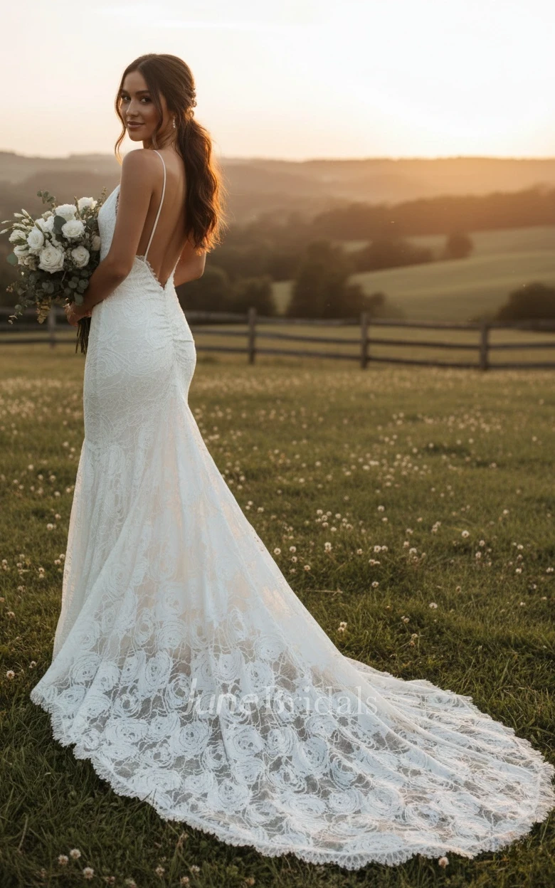 Country Boho Lace Barn Wedding Dress Sexy Spaghetti V-Neck Mermaid Bridal Gown