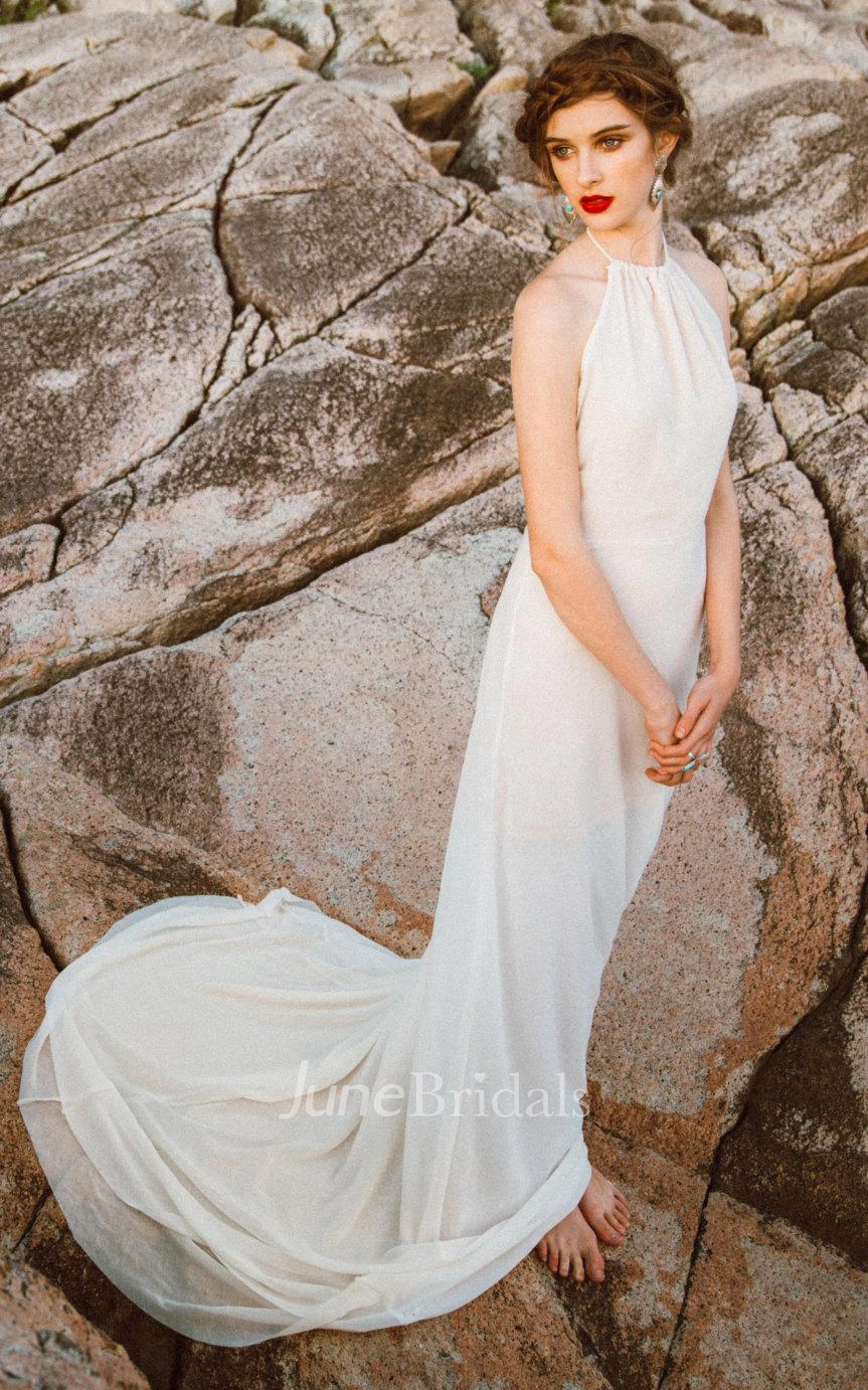 Halter Neck Sleeveless Backless Sheath Long Chiffon Wedding Dress