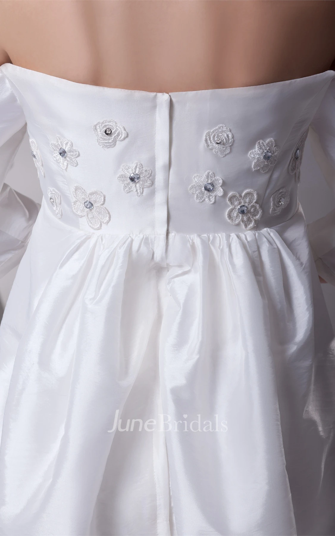 Off-The-Shoulder Empire Mini Dress with Flower and Pleats