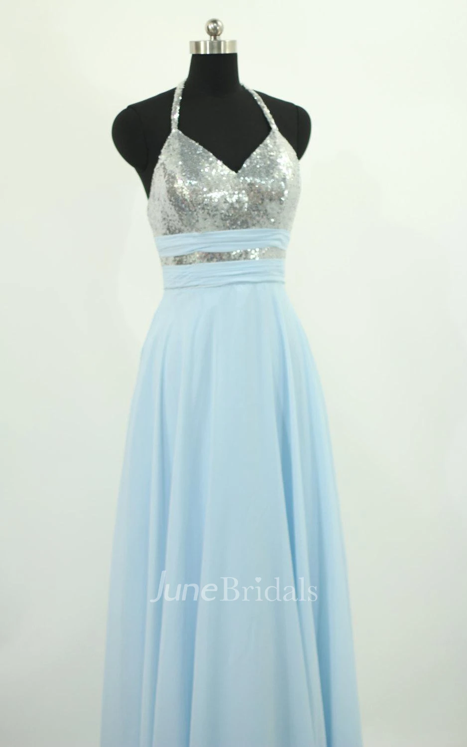 Halter Chiffon Dress With Sequins And Open Back