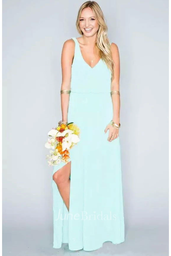 Chiffon Beach Floor-length Sheath V-neck Sleeveless Natural Waist Deep-V Back Dress