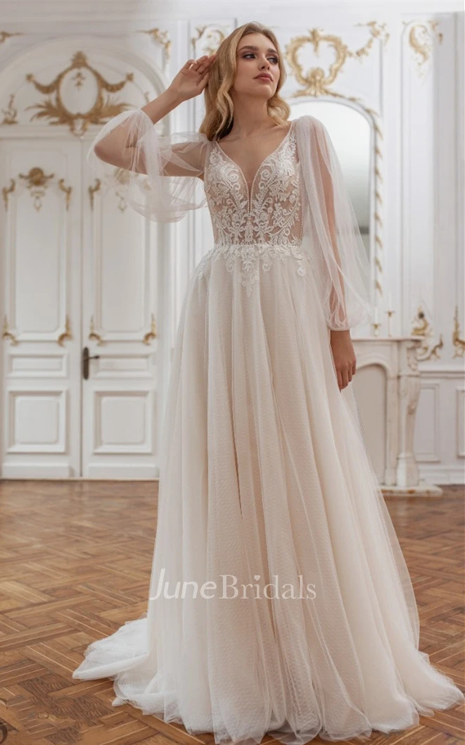 Charming A-Line Plunging Neck Tulle Spring Wedding Dress with Appliques and Train