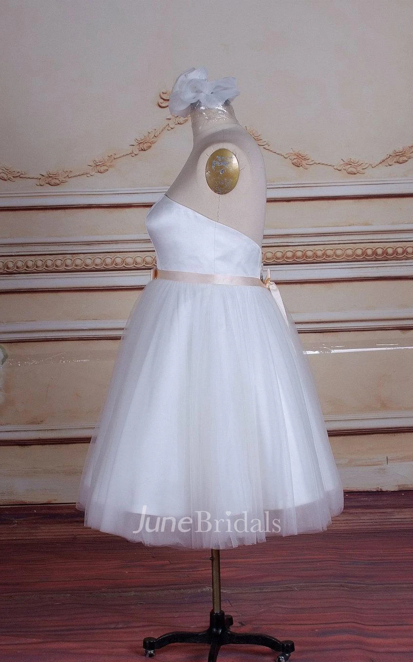 Short Tea-Length Strapped Tulle Satin Dress With Sash Ribbon Button Zipper