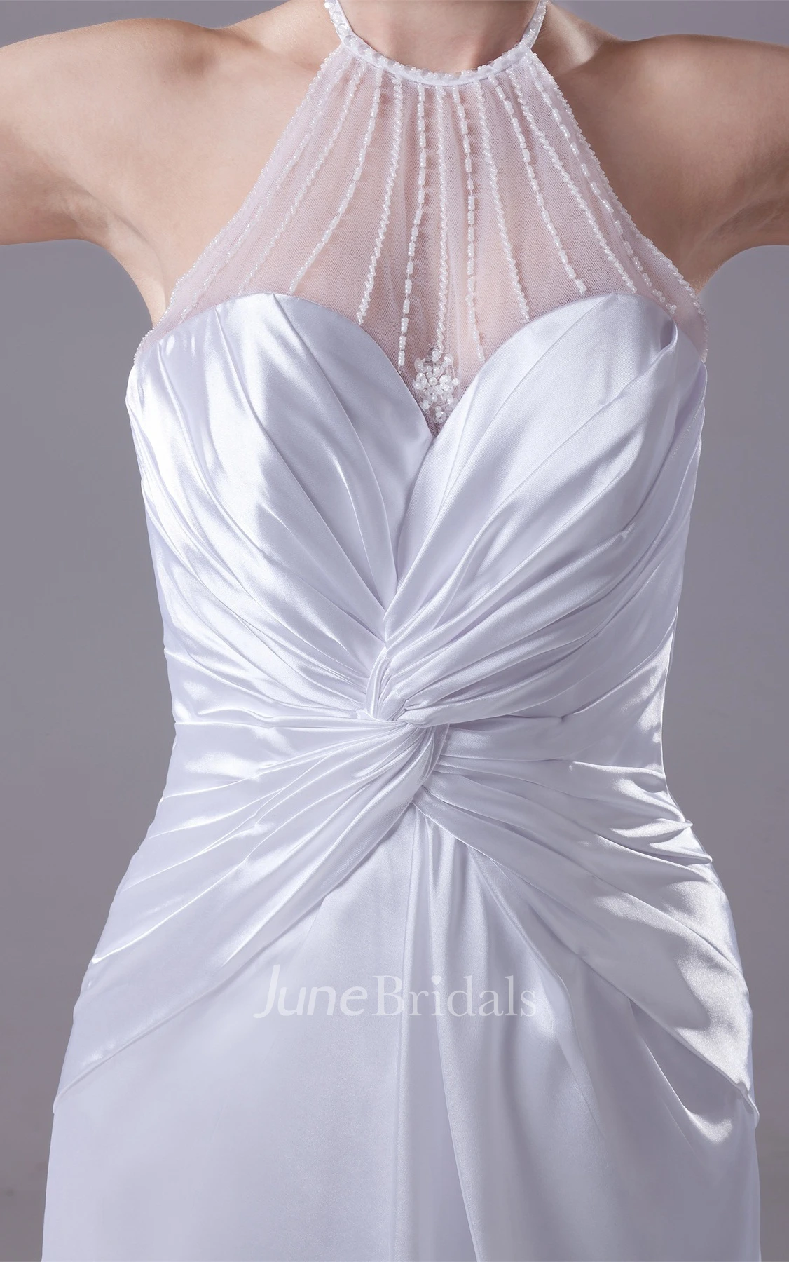 High-Neck Illusion Sweetheart A-Line Satin Gown with Court Train