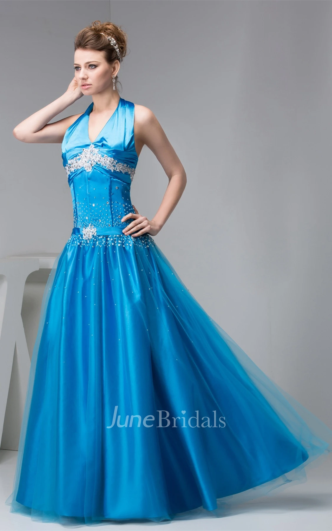 Plunged Sleeveless A-Line Dress with Beading and Broach