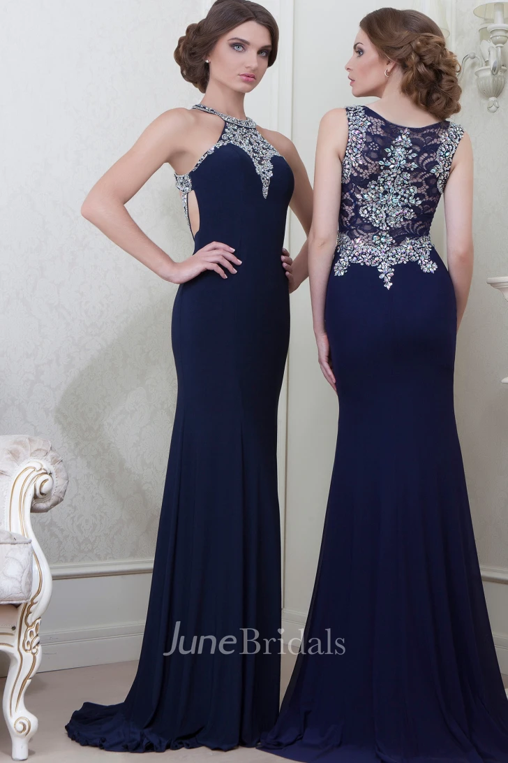 A-Line Maxi Beaded Sleeveless High-Neck Jersey Evening Dress With Pleats