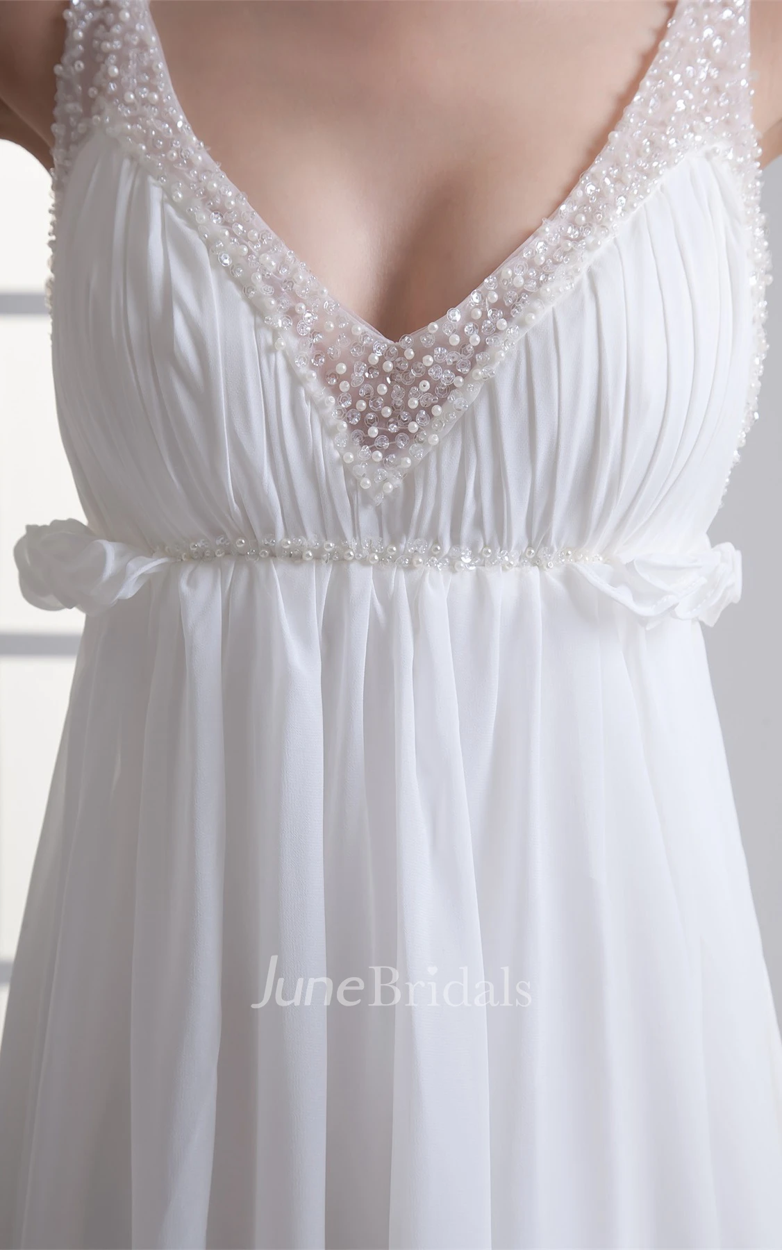 chiffon empire maxi strapped dress with pleats and beading