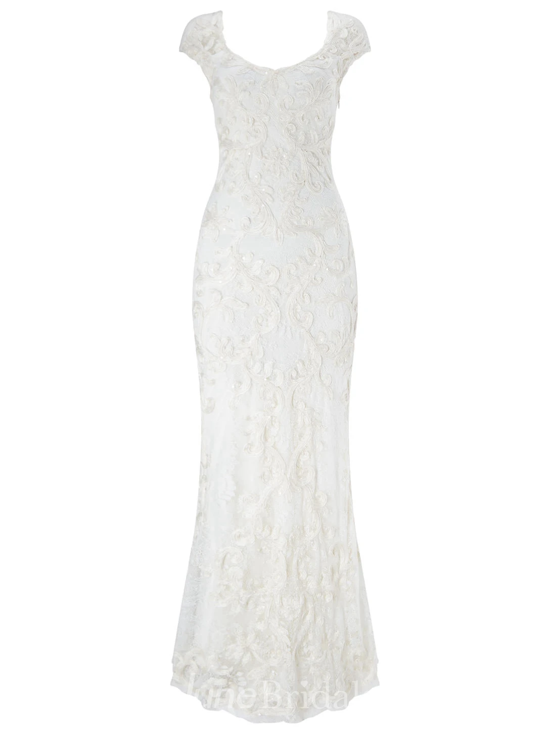 Sheath V-Neck Cap-Sleeve Lace Wedding Dress With Embroidery