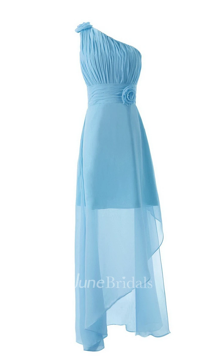Asymmetrical One-shoulder Pleated Chiffon A-line Dress With Flowers