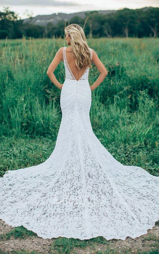 Trumpet Mini V-Neck Sleeveless Bell Appliques Court Train Backless Tulle Lace Dress