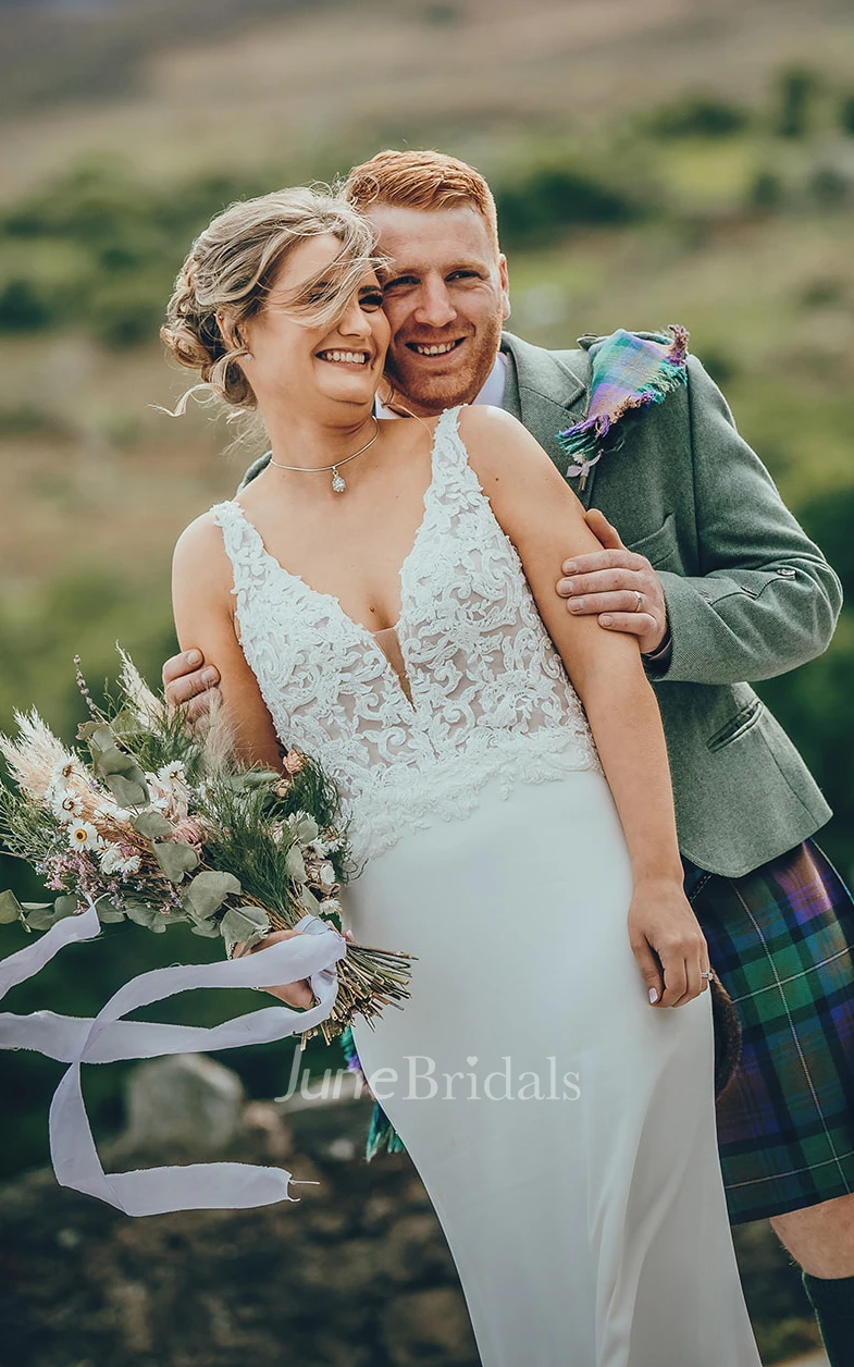 Mermaid V-neck Satin Simple Spring Wedding Dress With Sweep Train And Low-V Back