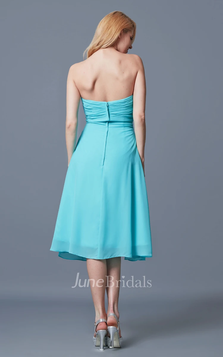 Sleeveless Sweetheart Ruched Tea-length Chiffon Dress